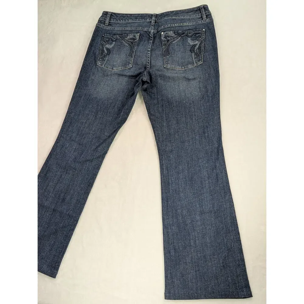 White House Black Market Blanc Bootcut Jeans 12R Blue Embroidered Pockets WHBM